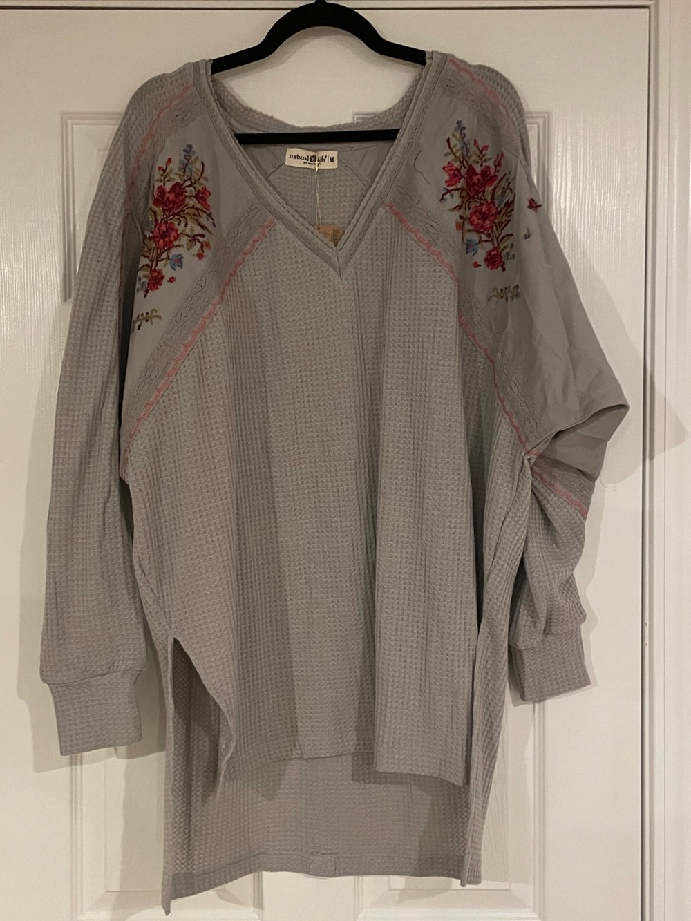 Natural Life Light Gray Embroidered V-Neck Top